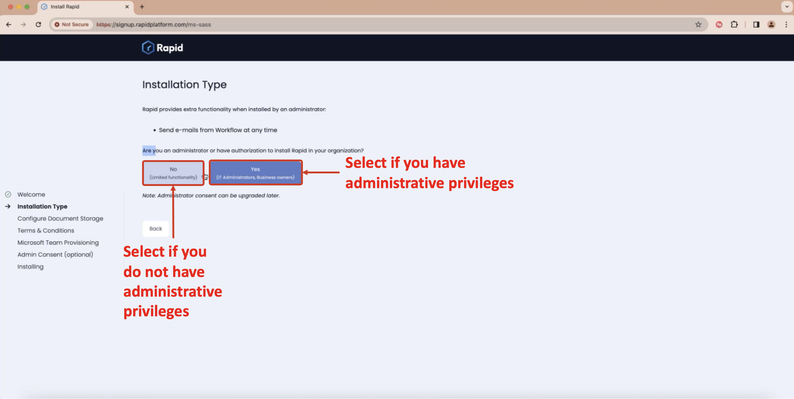 Image showing type of installation selection screen